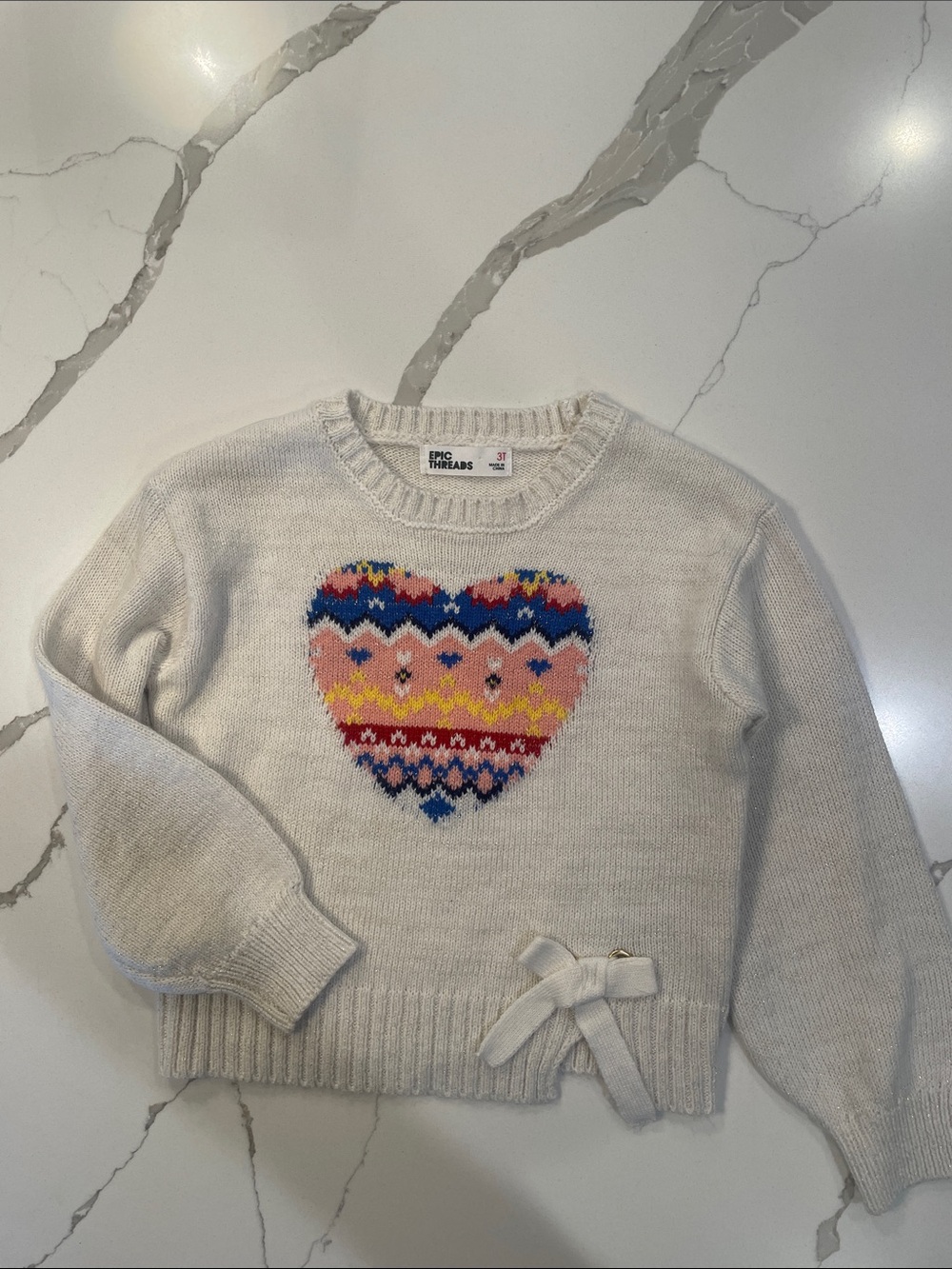 Epic Threads Sparkly Cream Sweater with Multicolor Heart Pattern